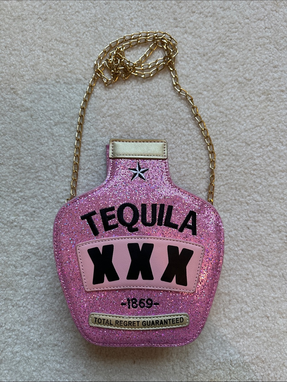 Pink Glitter 'Tequila XXX' Bottle Crossbody Bag
